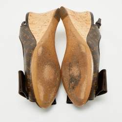 Louis Vuitton Brown Monogram Canvas and Patent Bow Rivoli Slingback Wedge Sandals Size 37.5