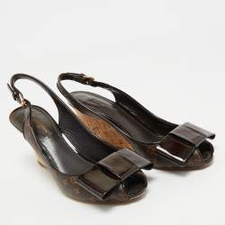 Louis Vuitton Brown Monogram Canvas and Patent Bow Rivoli Slingback Wedge Sandals Size 37.5