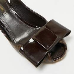 Louis Vuitton Brown Monogram Canvas and Patent Bow Rivoli Slingback Wedge Sandals Size 37.5