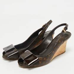 Louis Vuitton Brown Monogram Canvas and Patent Bow Rivoli Slingback Wedge Sandals Size 37.5