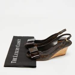 Louis Vuitton Brown Monogram Canvas and Patent Bow Rivoli Slingback Wedge Sandals Size 37.5