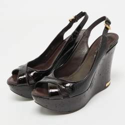 Louis Vuitton Burgundy Patent Leather Pantheon Wedge Sandals Size 37.5