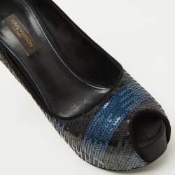Pre Owned Louis Vuitton Black/Blue Sequins Platform Peep Toe Pumps Size 35.5