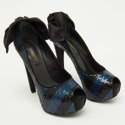 Pre Owned Louis Vuitton Black/Blue Sequins Platform Peep Toe Pumps Size 35.5