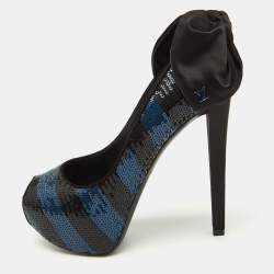 Pre Owned Louis Vuitton Black/Blue Sequins Platform Peep Toe Pumps Size 35.5