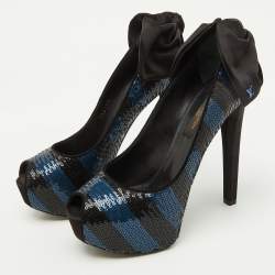 Pre Owned Louis Vuitton Black/Blue Sequins Platform Peep Toe Pumps Size 35.5
