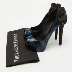 Pre Owned Louis Vuitton Black/Blue Sequins Platform Peep Toe Pumps Size 35.5