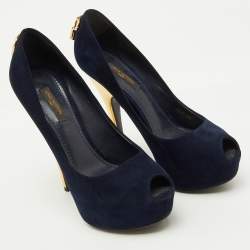 Pre Owned Louis Vuitton Navy Blue Suede Oh Really! Platform Peep Toe Pumps Size 36