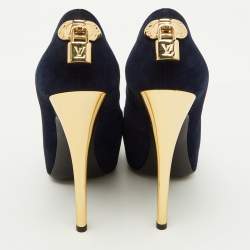 Pre Owned Louis Vuitton Navy Blue Suede Oh Really! Platform Peep Toe Pumps Size 36