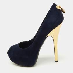 Pre Owned Louis Vuitton Navy Blue Suede Oh Really! Platform Peep Toe Pumps Size 36