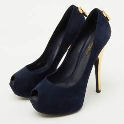 Pre Owned Louis Vuitton Navy Blue Suede Oh Really! Platform Peep Toe Pumps Size 36