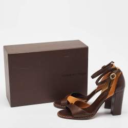 Pre Owned Louis Vuitton Brown/Tan Leather Ankle Strap Sandals Size 38.5