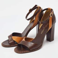 Pre Owned Louis Vuitton Brown/Tan Leather Ankle Strap Sandals Size 38.5