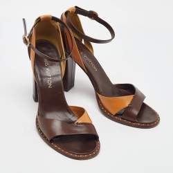 Pre Owned Louis Vuitton Brown/Tan Leather Ankle Strap Sandals Size 38.5