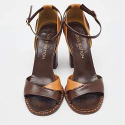Pre Owned Louis Vuitton Brown/Tan Leather Ankle Strap Sandals Size 38.5