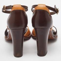 Pre Owned Louis Vuitton Brown/Tan Leather Ankle Strap Sandals Size 38.5