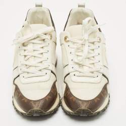Pre Owned Louis Vuitton White/Brown Monogram Canvas and Leather Run Away Sneakers Size 38.5