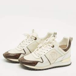 Pre Owned Louis Vuitton White/Brown Monogram Canvas and Leather Run Away Sneakers Size 38.5