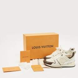 Pre Owned Louis Vuitton White/Brown Monogram Canvas and Leather Run Away Sneakers Size 38.5