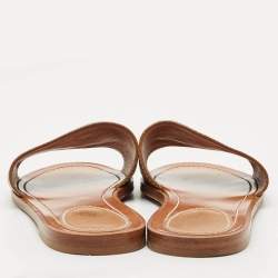 Pre Owned Louis Vuitton Brown Leather Lock It Flat Slides Size 37