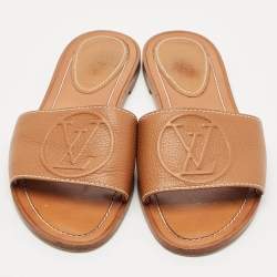 Pre Owned Louis Vuitton Brown Leather Lock It Flat Slides Size 37