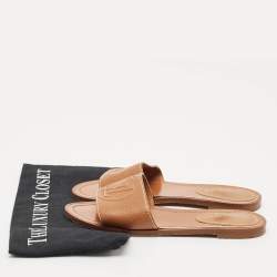 Pre Owned Louis Vuitton Brown Leather Lock It Flat Slides Size 37