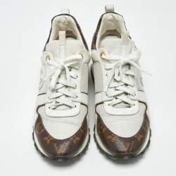 Pre Owned Louis Vuitton White Leather and Monogram Canvas Run Away Sneakers Size 38.5