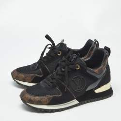 Pre Owned Louis Vuitton Black Mesh and Damier Ebene Canvas Run Away Sneakers Size 38.5