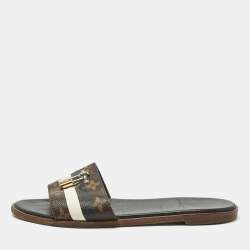 Pre Owned Louis Vuitton White/Brown Monogram Canvas Lock It Slides Sandals Size 37.5