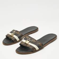 Pre Owned Louis Vuitton White/Brown Monogram Canvas Lock It Slides Sandals Size 37.5