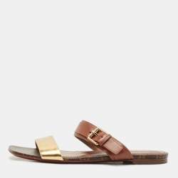 مملوكة مسبقًا Louis Vuitton Brown/Gold Leather and Monogram Canvas Buckle Flat Sandals Size 41