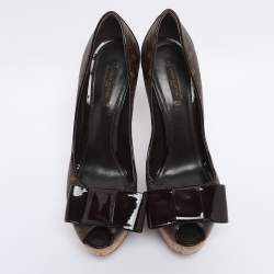 Pre Owned Louis Vuitton Brown Monogram Canvas And Patent Leather Rivoli Cork Peep Toe Platform Pumps 41