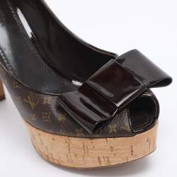 Pre Owned Louis Vuitton Brown Monogram Canvas And Patent Leather Rivoli Cork Peep Toe Platform Pumps 41