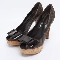 Pre Owned Louis Vuitton Brown Monogram Canvas And Patent Leather Rivoli Cork Peep Toe Platform Pumps 41