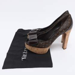 Pre Owned Louis Vuitton Brown Monogram Canvas And Patent Leather Rivoli Cork Peep Toe Platform Pumps 41