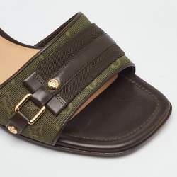 Pre Owned Louis Vuitton Green/Brown Canvas and Leather Open Toe Slide Sandals Size 38.5