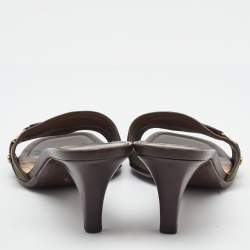Pre Owned Louis Vuitton Green/Brown Canvas and Leather Open Toe Slide Sandals Size 38.5