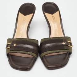 Pre Owned Louis Vuitton Green/Brown Canvas and Leather Open Toe Slide Sandals Size 38.5