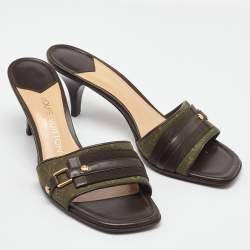 Pre Owned Louis Vuitton Green/Brown Canvas and Leather Open Toe Slide Sandals Size 38.5