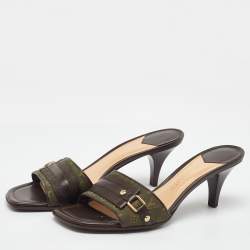 Pre Owned Louis Vuitton Green/Brown Canvas and Leather Open Toe Slide Sandals Size 38.5