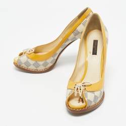 Pre Owned Louis Vuitton Yellow Damier Azur Canvas And Patent Peep Toe Pumps Size 37.5