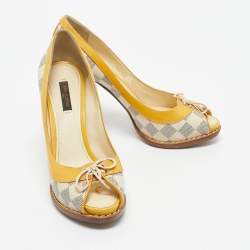 Pre Owned Louis Vuitton Yellow Damier Azur Canvas And Patent Peep Toe Pumps Size 37.5