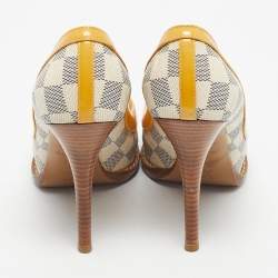 Pre Owned Louis Vuitton Yellow Damier Azur Canvas And Patent Peep Toe Pumps Size 37.5