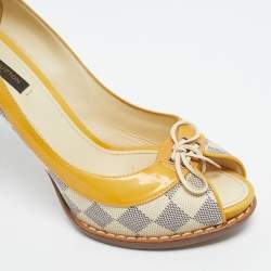 Pre Owned Louis Vuitton Yellow Damier Azur Canvas And Patent Peep Toe Pumps Size 37.5