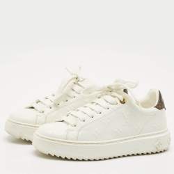 Pre Owned Louis Vuitton White Embossed Monogram Leather Time Out Low Top Sneakers Size 36