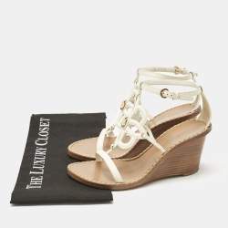 Pre Owned Louis Vuitton White Leather Gloss Wedge Sandals Size 37.5