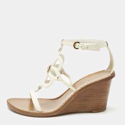 Pre Owned Louis Vuitton White Leather Gloss Wedge Sandals Size 37.5