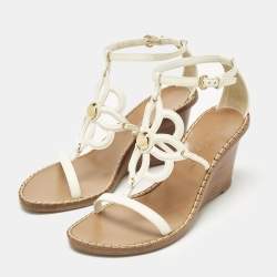 Pre Owned Louis Vuitton White Leather Gloss Wedge Sandals Size 37.5