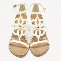Pre Owned Louis Vuitton White Leather Gloss Wedge Sandals Size 37.5