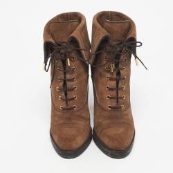 Pre Owned Louis Vuitton Brown Suede Ankle Length Boots Size 39.5